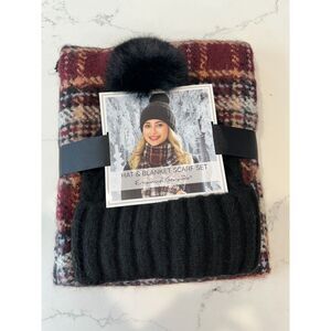 NWT Emanuel Geraldo Hat and Blanket Scarf Set Black Hat Red Plaid Scarf